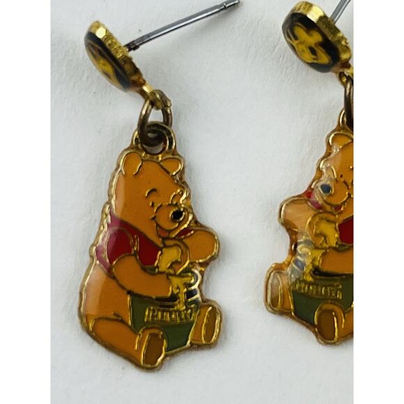 Vintage Winnie the Pooh Dangle Earrings Sitting Pooh w/Honey Pot Enamel Disney - Picture 7 of 14